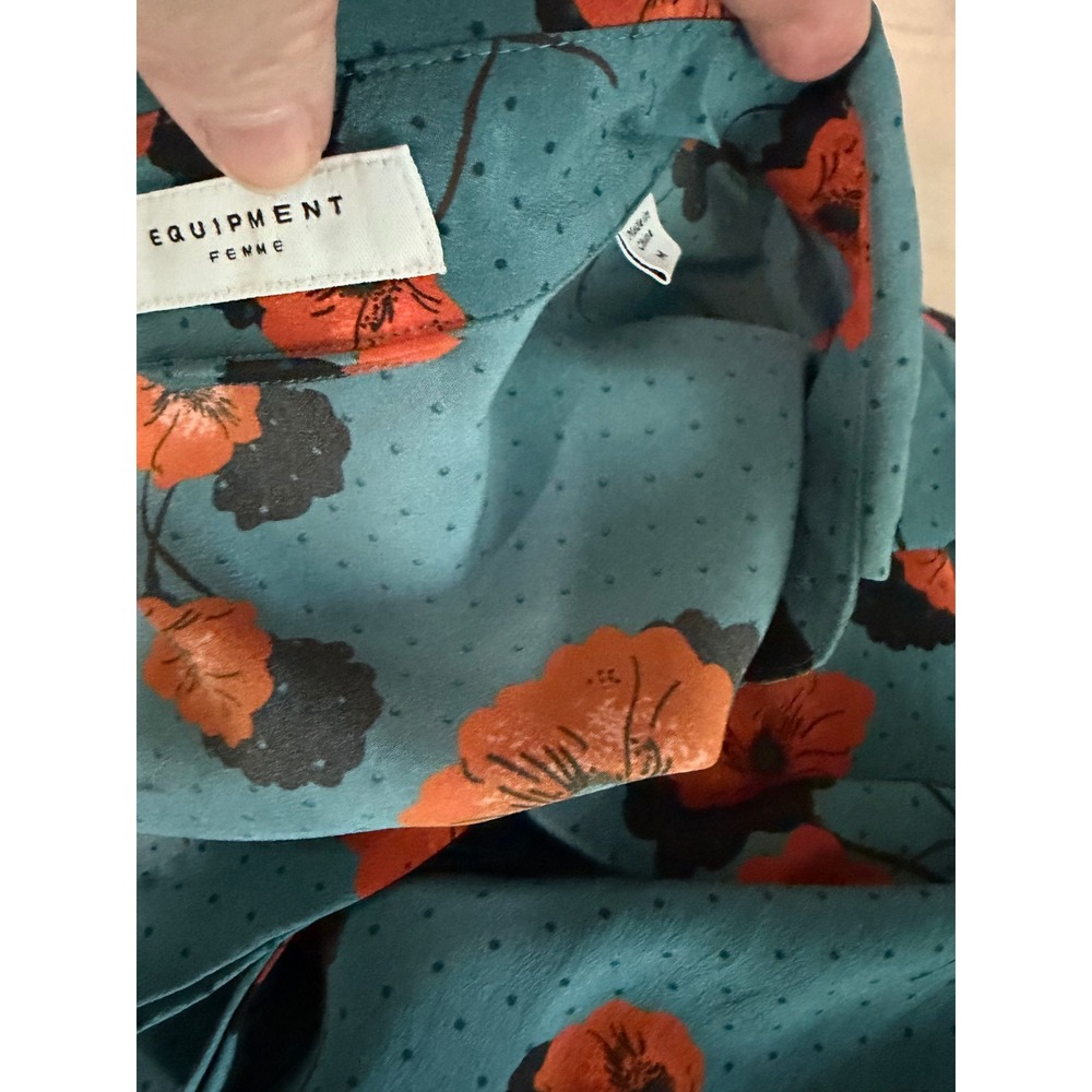 Equipment Femme Teal Blue Silk Dress Poppy Floral Shirt SZ M Midi Modest - Picture 7 of 10